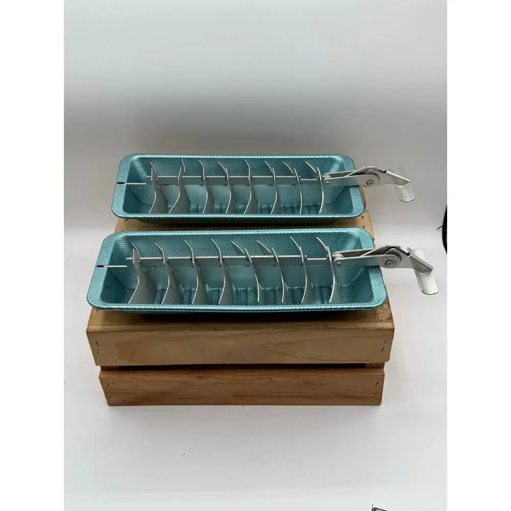 Vintage Metallic Blue Aluminum Ice Cube Trays with Levers - Pair of 2